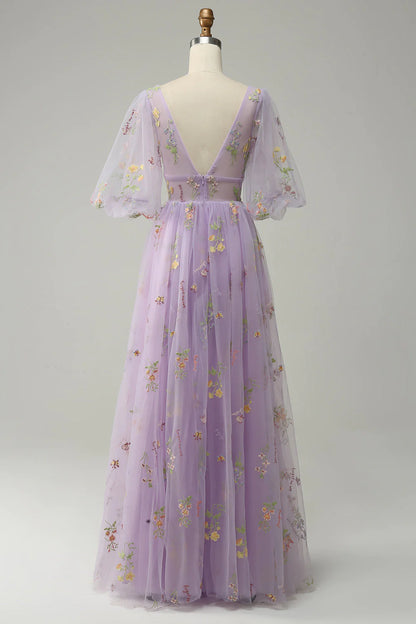 A-Linie, V-Ausschnitt, Stickerei, Lavendel, langes Ballkleid mit kurzen Ärmeln