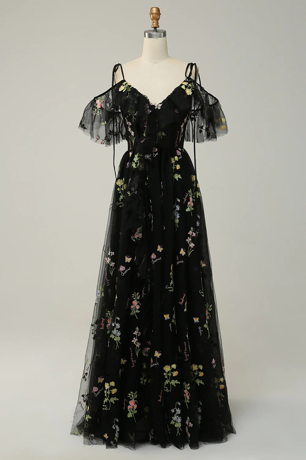 Vestido de fiesta largo verde con escote en V, tirantes finos, bordado y abertura