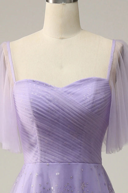 Vestido de fiesta lavanda con hombros descubiertos y volantes
