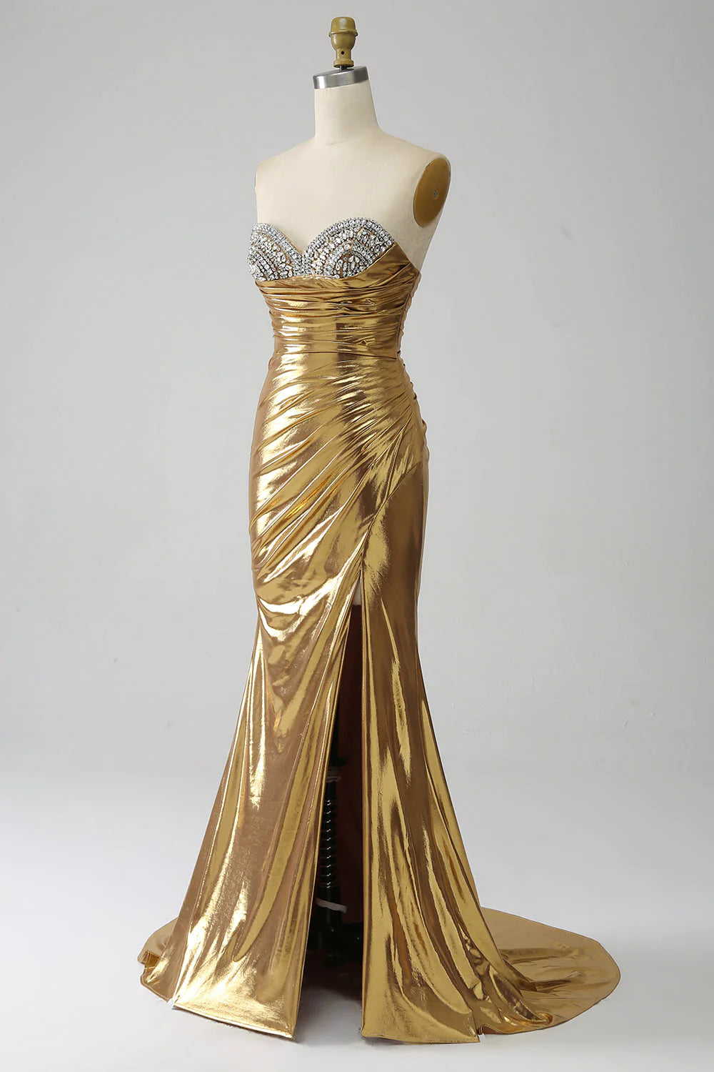 Vestido de fiesta largo sin tirantes de sirena dorado con abertura