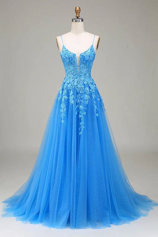 A-Linie Spaghettiträger Blaues Tüll-Ballkleid mit Applikationen