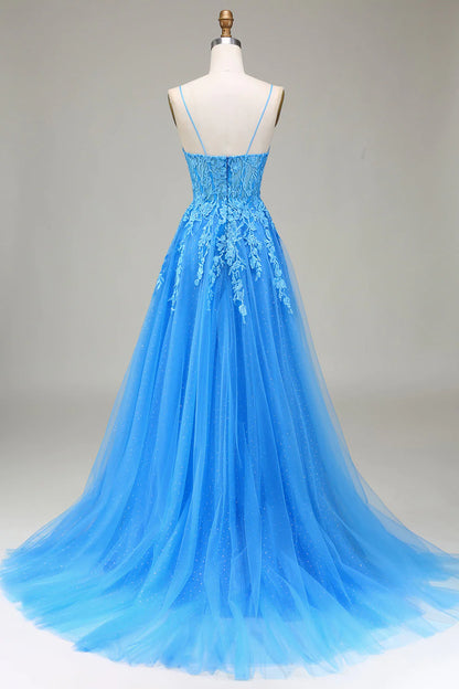 A-Linie Spaghettiträger Blaues Tüll-Ballkleid mit Applikationen