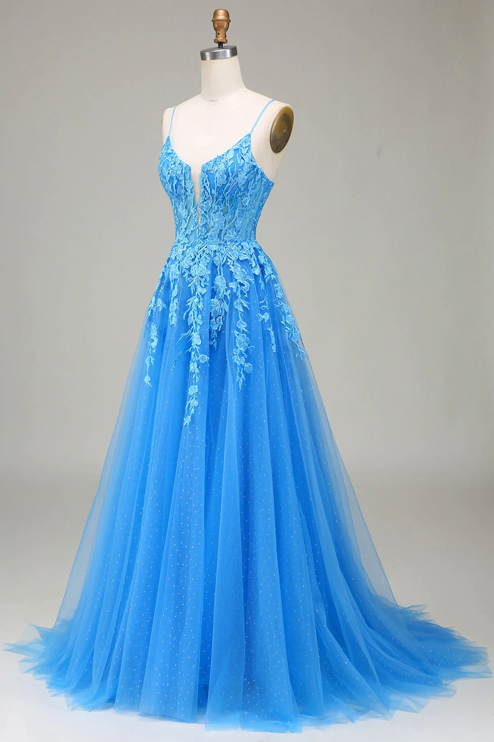A-Linie Spaghettiträger Blaues Tüll-Ballkleid mit Applikationen