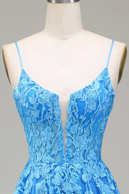 A-Linie Spaghettiträger Blaues Tüll-Ballkleid mit Applikationen
