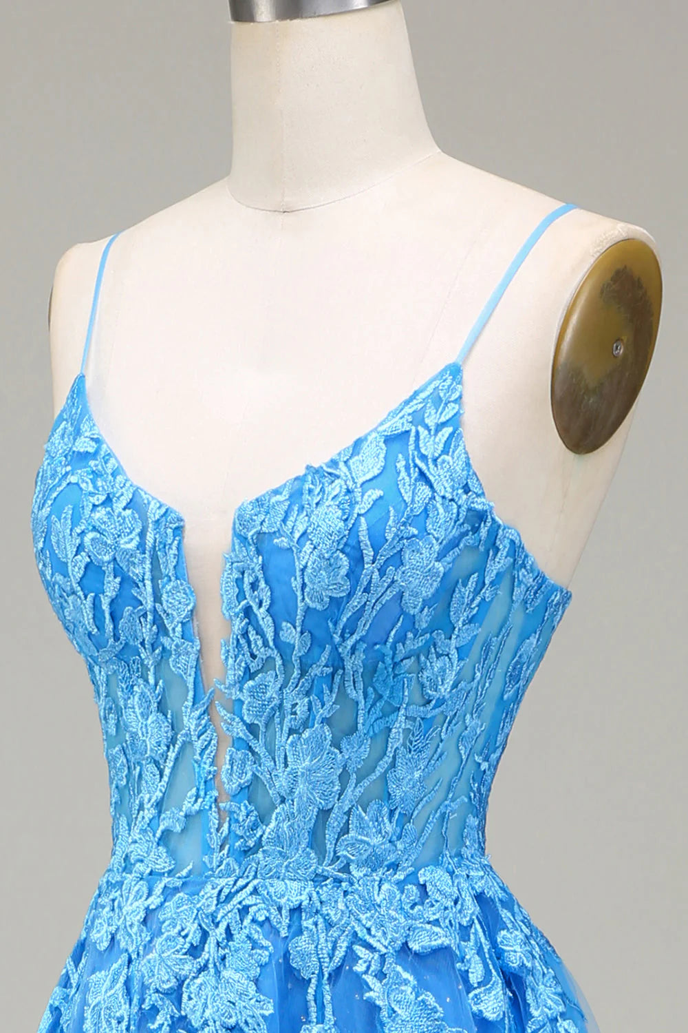 A-Linie Spaghettiträger Blaues Tüll-Ballkleid mit Applikationen