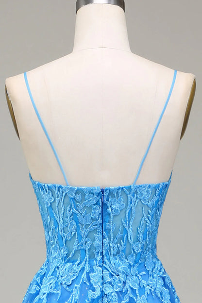 A-Linie Spaghettiträger Blaues Tüll-Ballkleid mit Applikationen