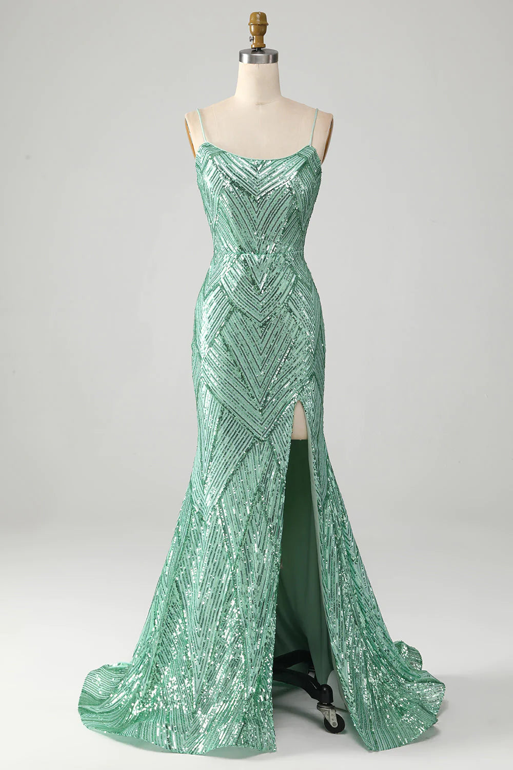 Vestido de fiesta largo estilo sirena con abertura y espalda con cordones y lentejuelas verdes brillantes