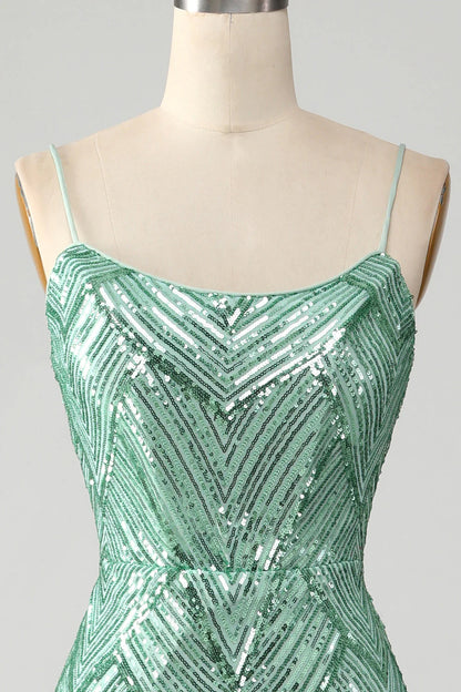 Sparkly Green Sequins Lace-Up Back Long Mermaid Prom Dress with Slit