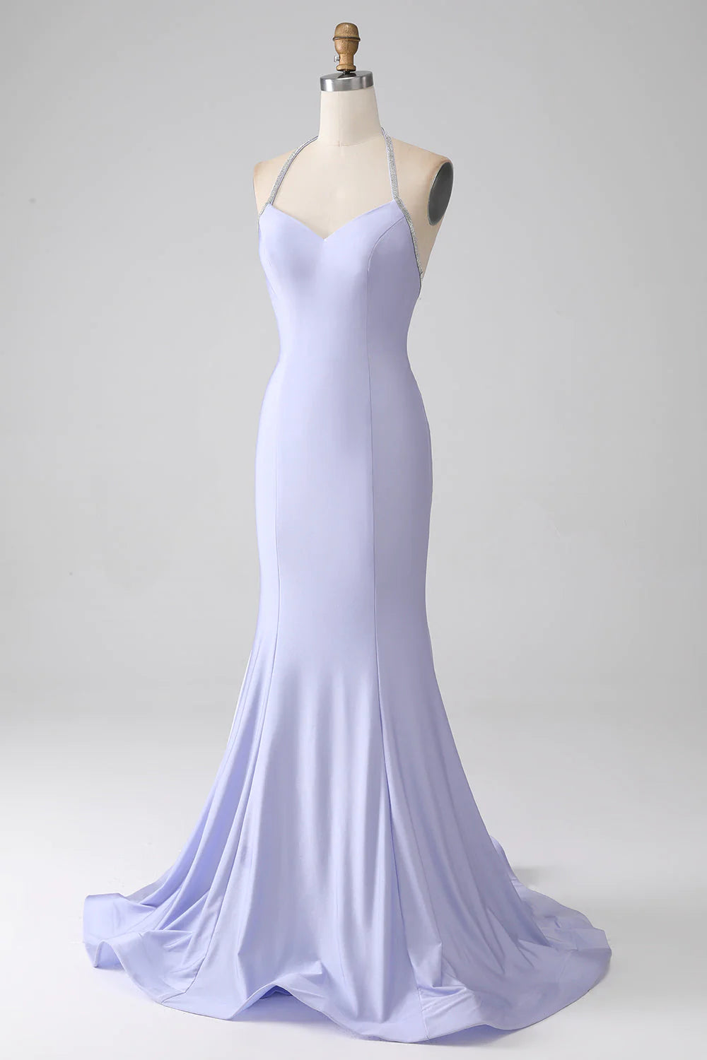 Vestido de fiesta largo fucsia de sirena, cuello halter, espalda descubierta