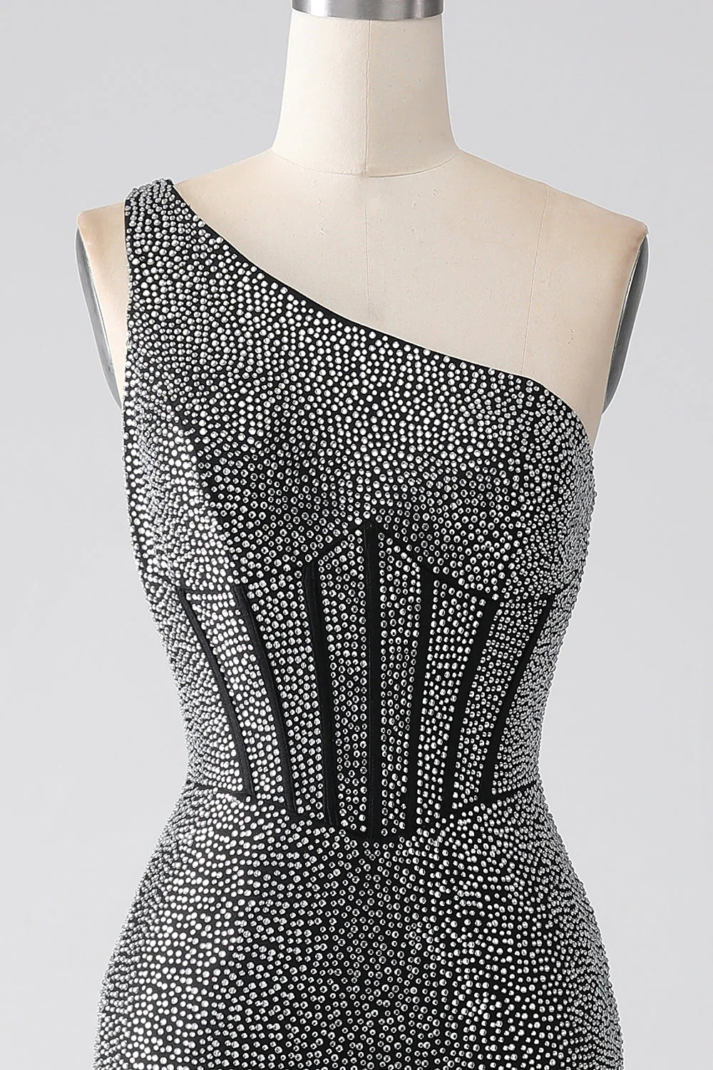 Vestido de fiesta con corsé de sirena de un solo hombro negro brillante