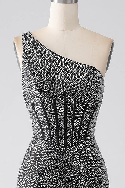 Sparkly Black Mermaid One Shoulder Corset Prom Dress
