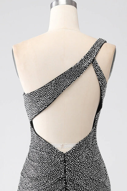 Sparkly Black Mermaid One Shoulder Corset Prom Dress