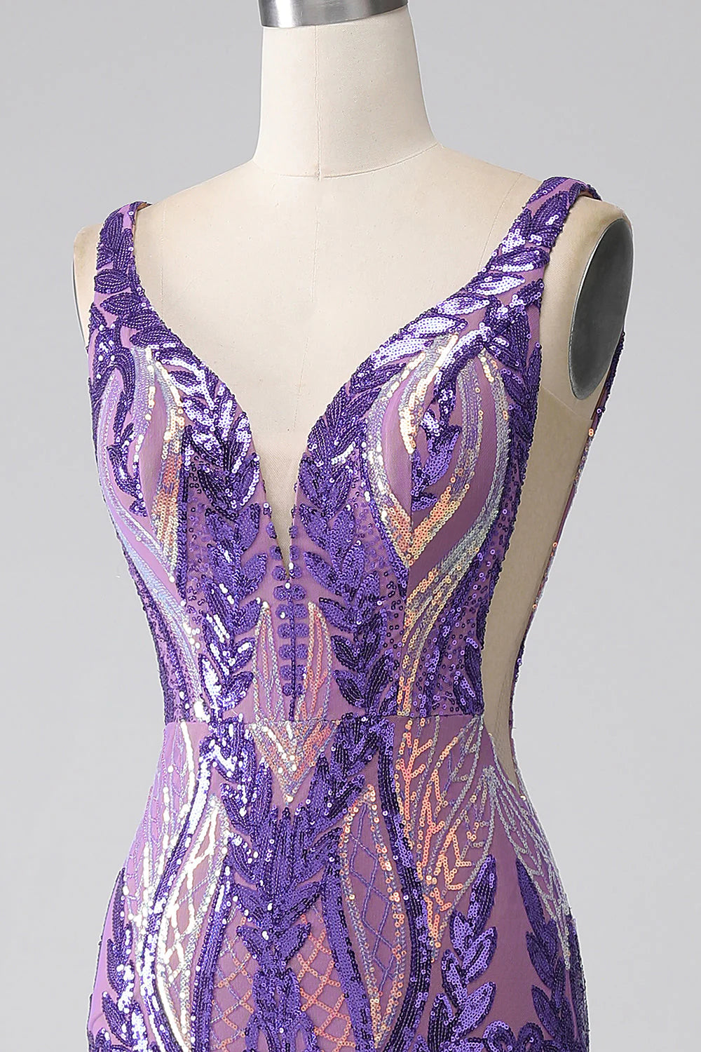 Vestido de fiesta largo con lentejuelas y escote en V de sirena en color morado oscuro