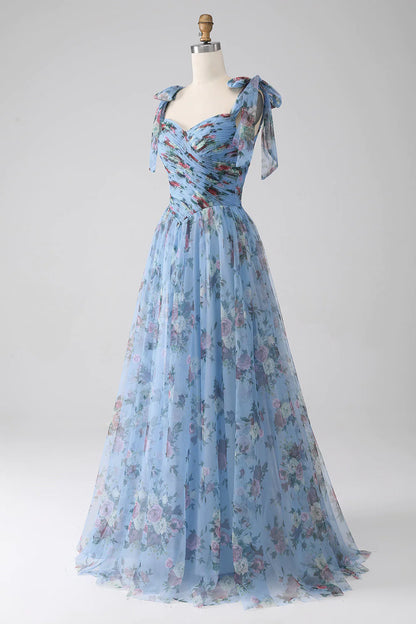 A-Line Blue Printed Adjustable Straps Long Prom Dress