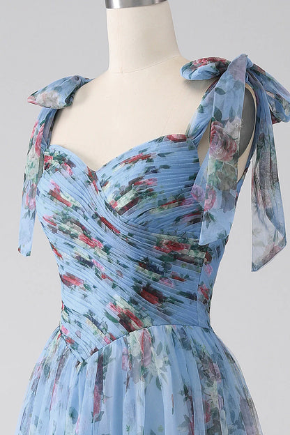 A-Line Blue Printed Adjustable Straps Long Prom Dress