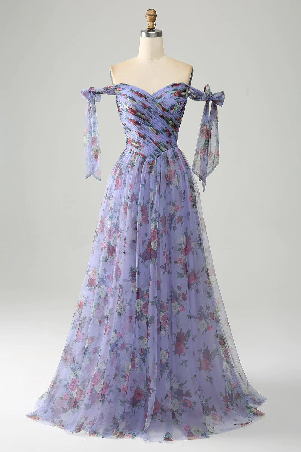 A-Line Blue Printed Adjustable Straps Long Prom Dress