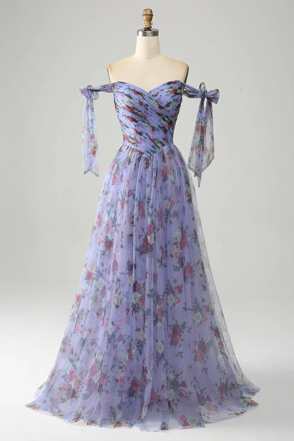 A-Line Blue Printed Adjustable Straps Long Prom Dress