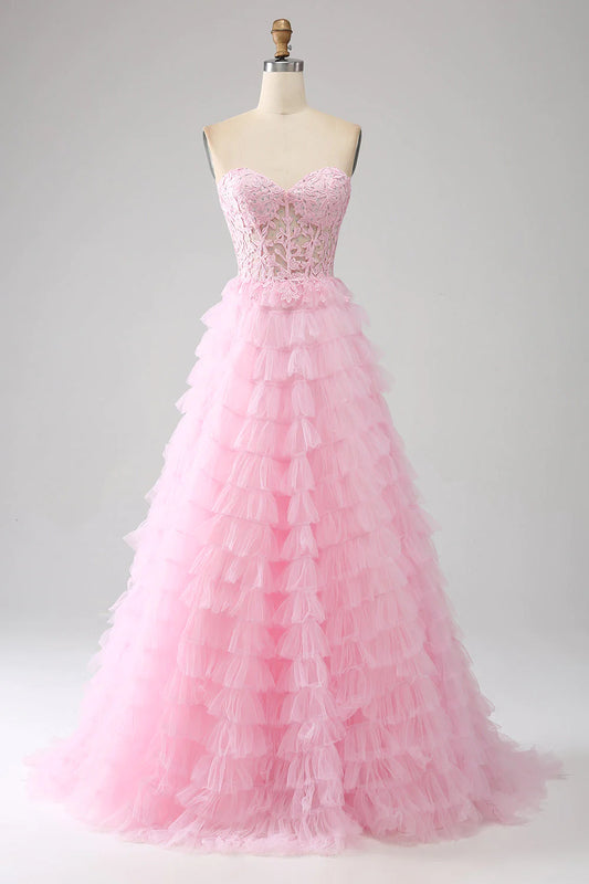 Rosa A-Linien-Ballkleid mit trägerlosem, langem Korsett