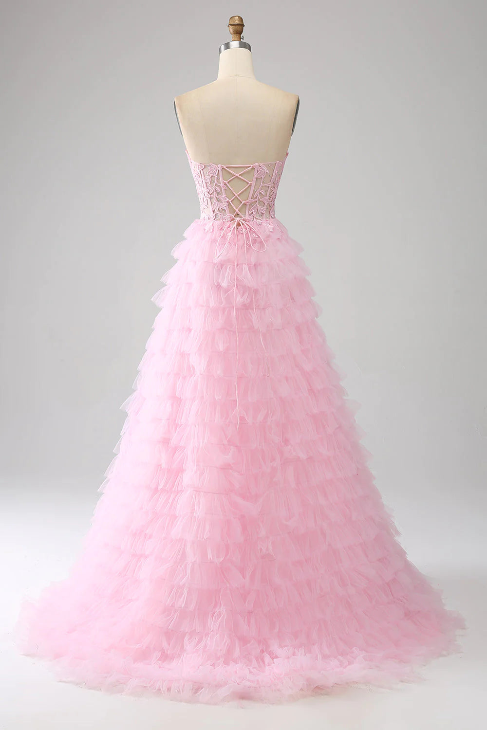 Vestido de fiesta rosa con corsé largo, sin tirantes y en capas, corte A