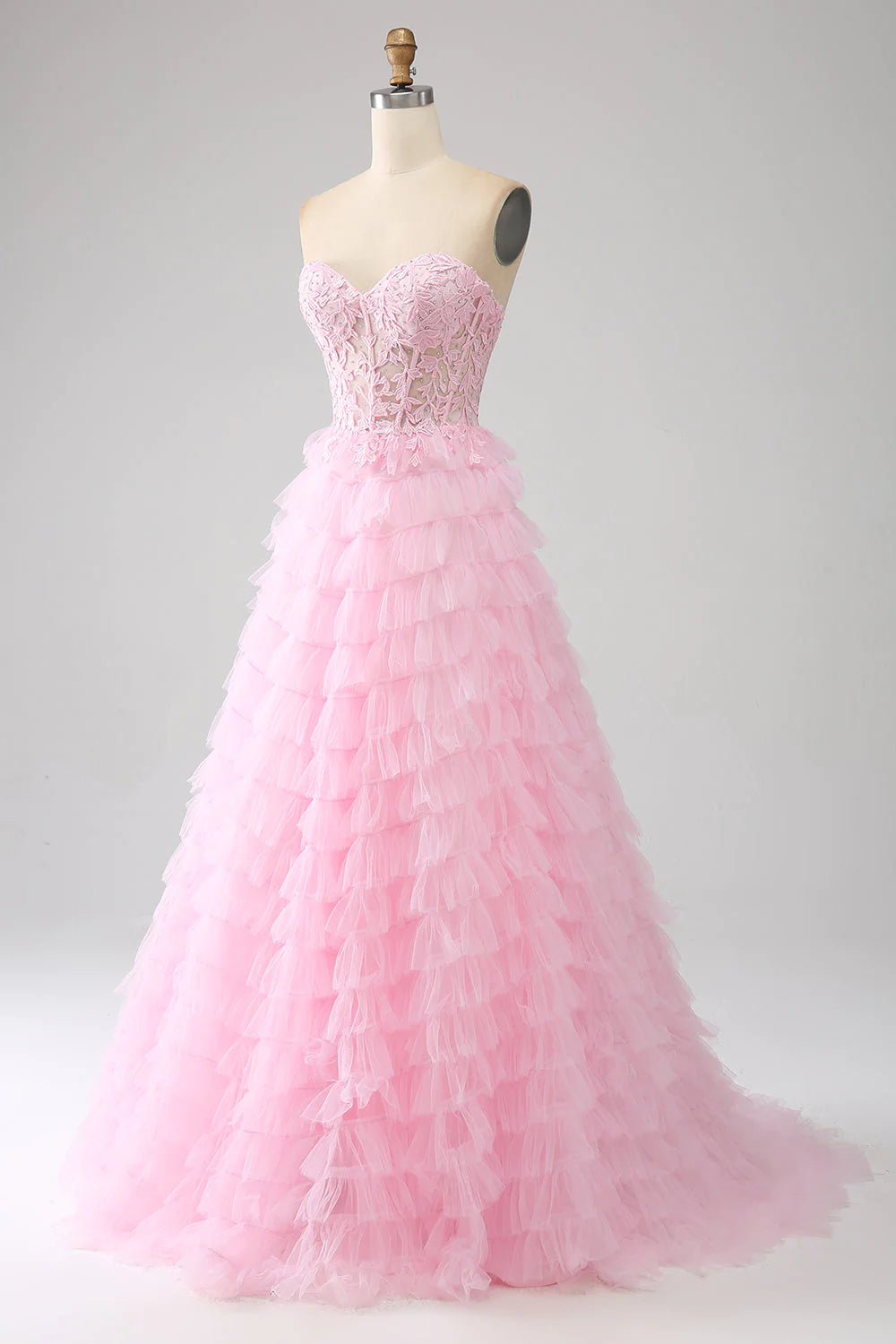 Vestido de fiesta rosa con corsé largo, sin tirantes y en capas, corte A