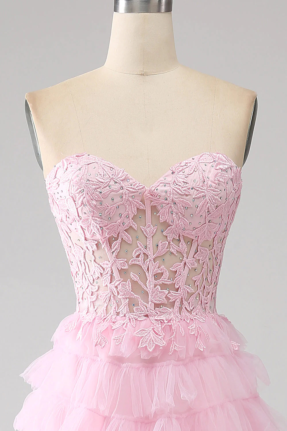 Vestido de fiesta rosa con corsé largo, sin tirantes y en capas, corte A