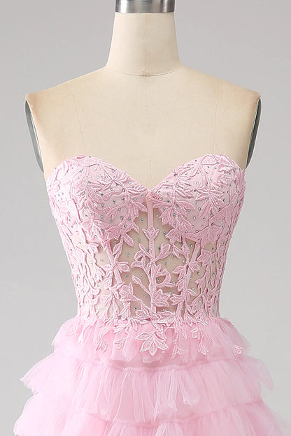 Vestido de fiesta rosa con corsé largo, sin tirantes y en capas, corte A