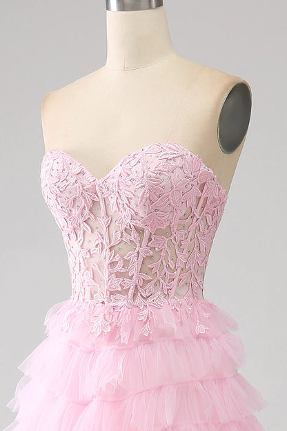 Vestido de fiesta rosa con corsé largo, sin tirantes y en capas, corte A