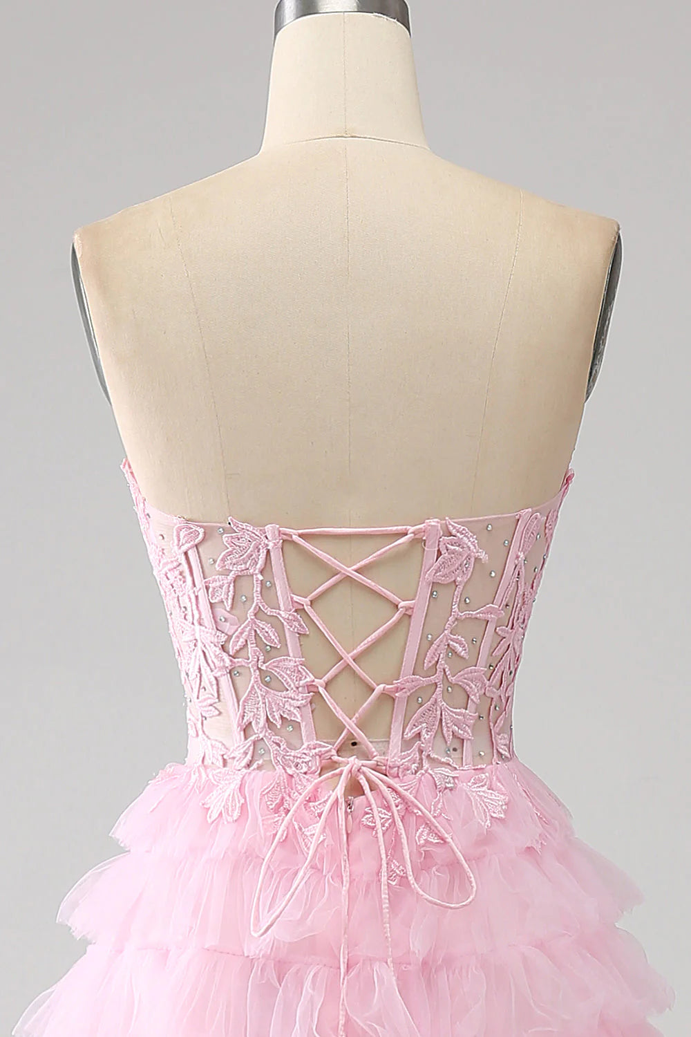 Vestido de fiesta rosa con corsé largo, sin tirantes y en capas, corte A