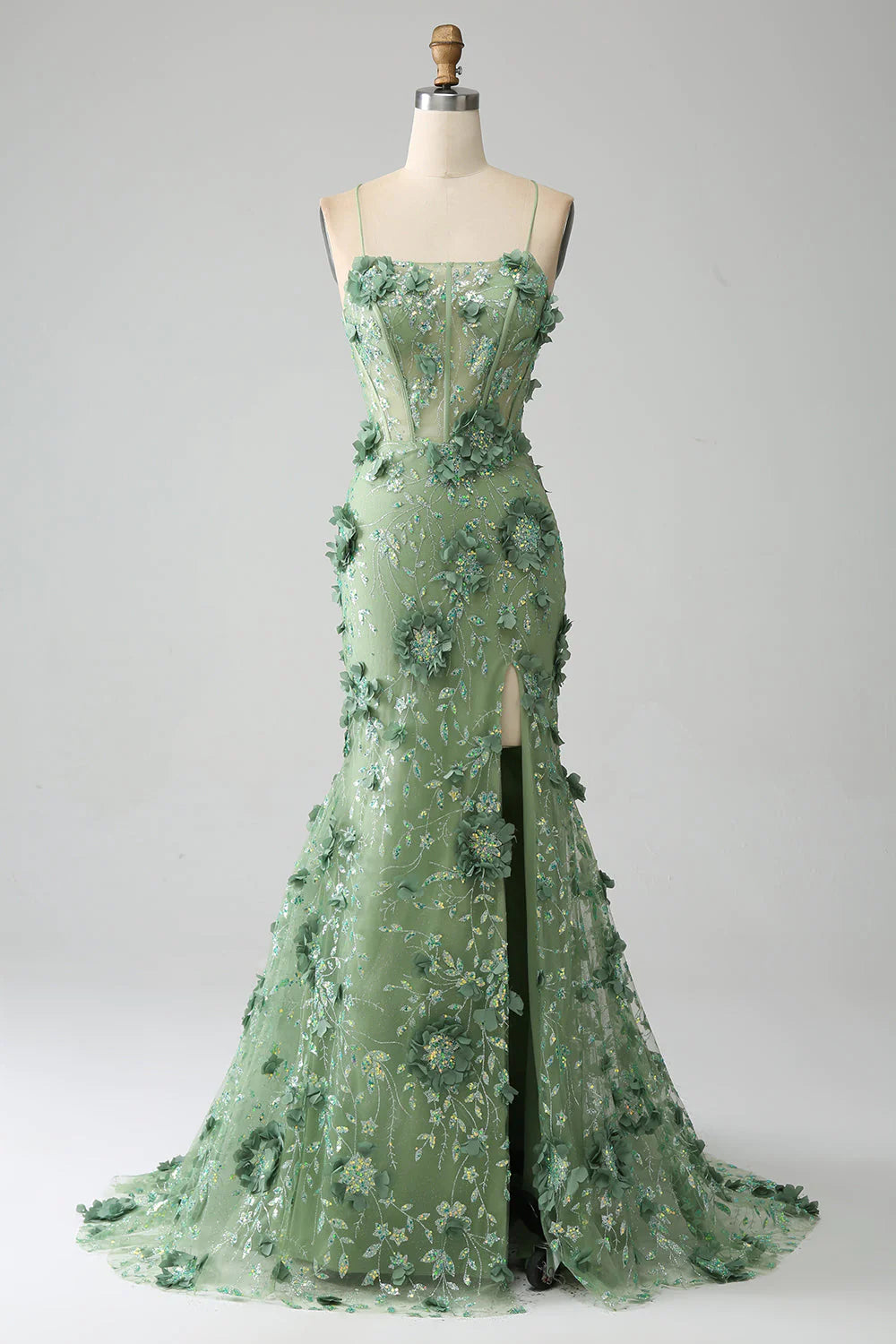 Vestido de fiesta de sirena con tirantes finos, corsé verde y apliques