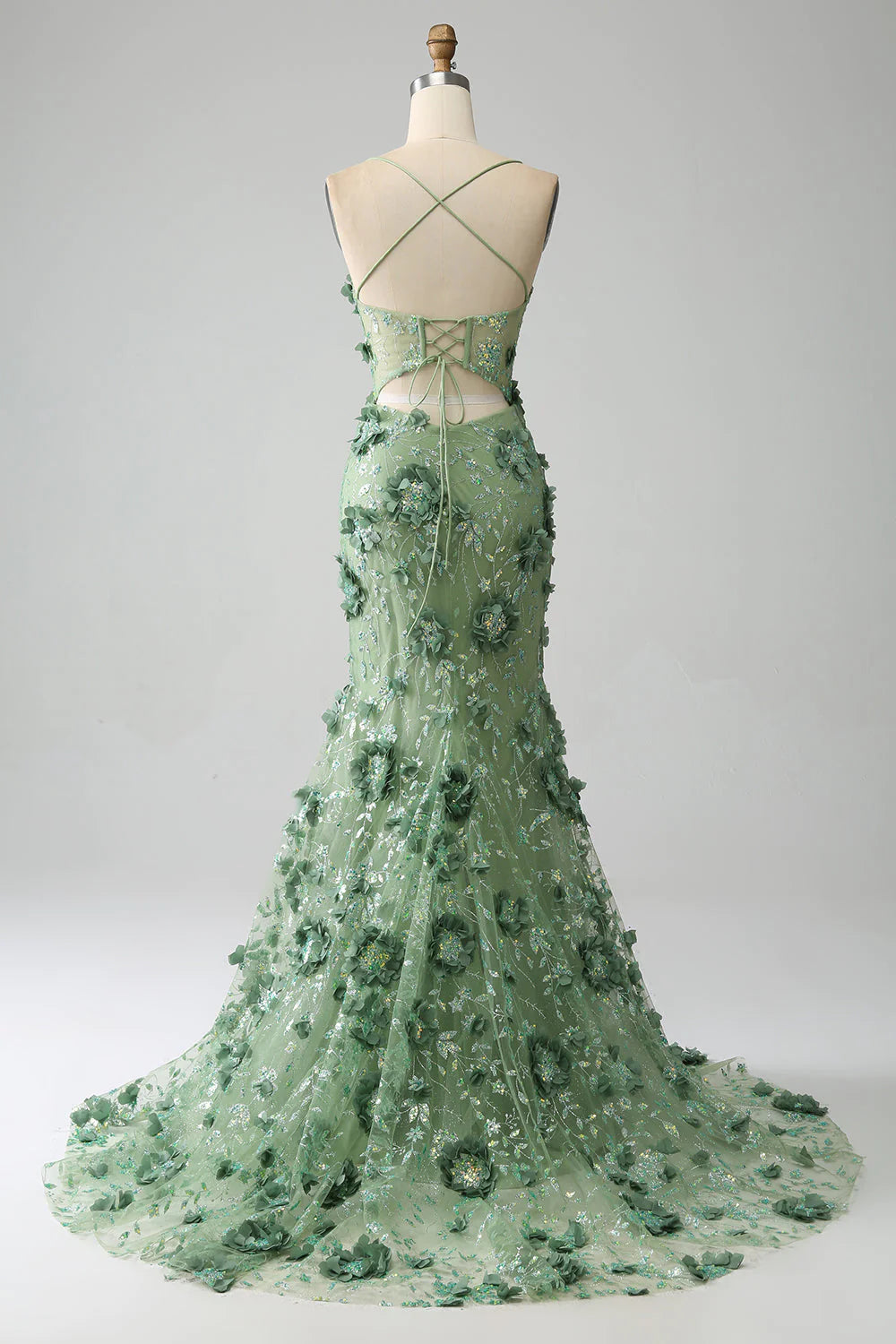 Vestido de fiesta de sirena con tirantes finos, corsé verde y apliques