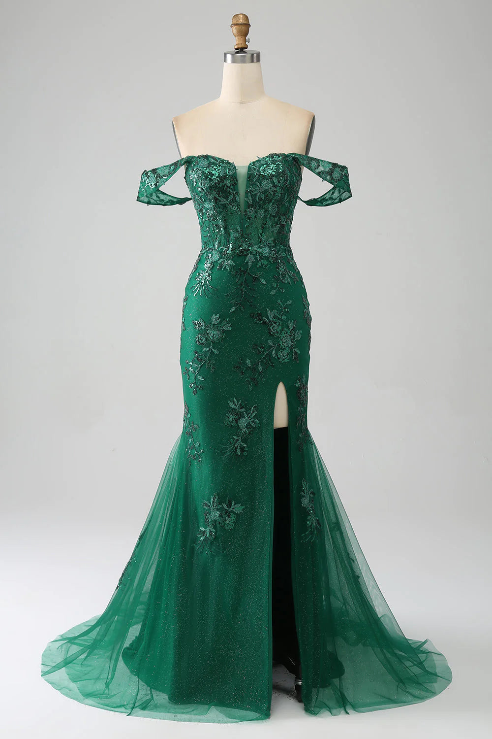 Vestido de fiesta verde oscuro con hombros descubiertos y apliques de sirena