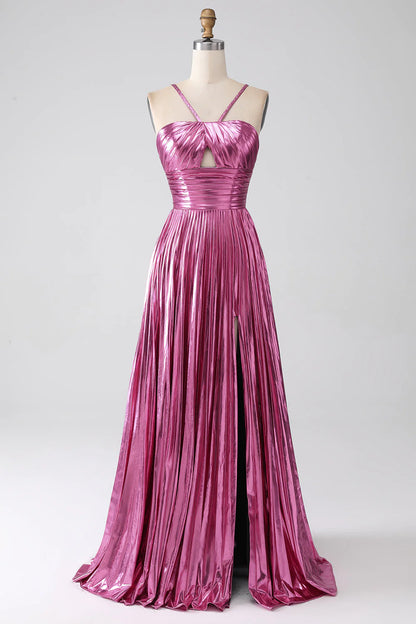 Fuchsia A-Line Spaghetti Straps Pleated Prom Dress with Slit