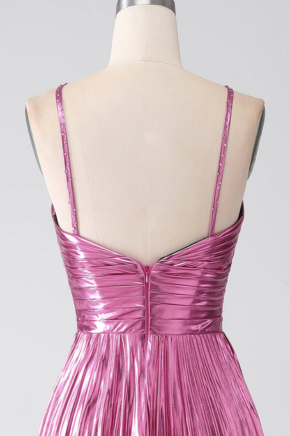 Fuchsia A-Line Spaghetti Straps Pleated Prom Dress with Slit