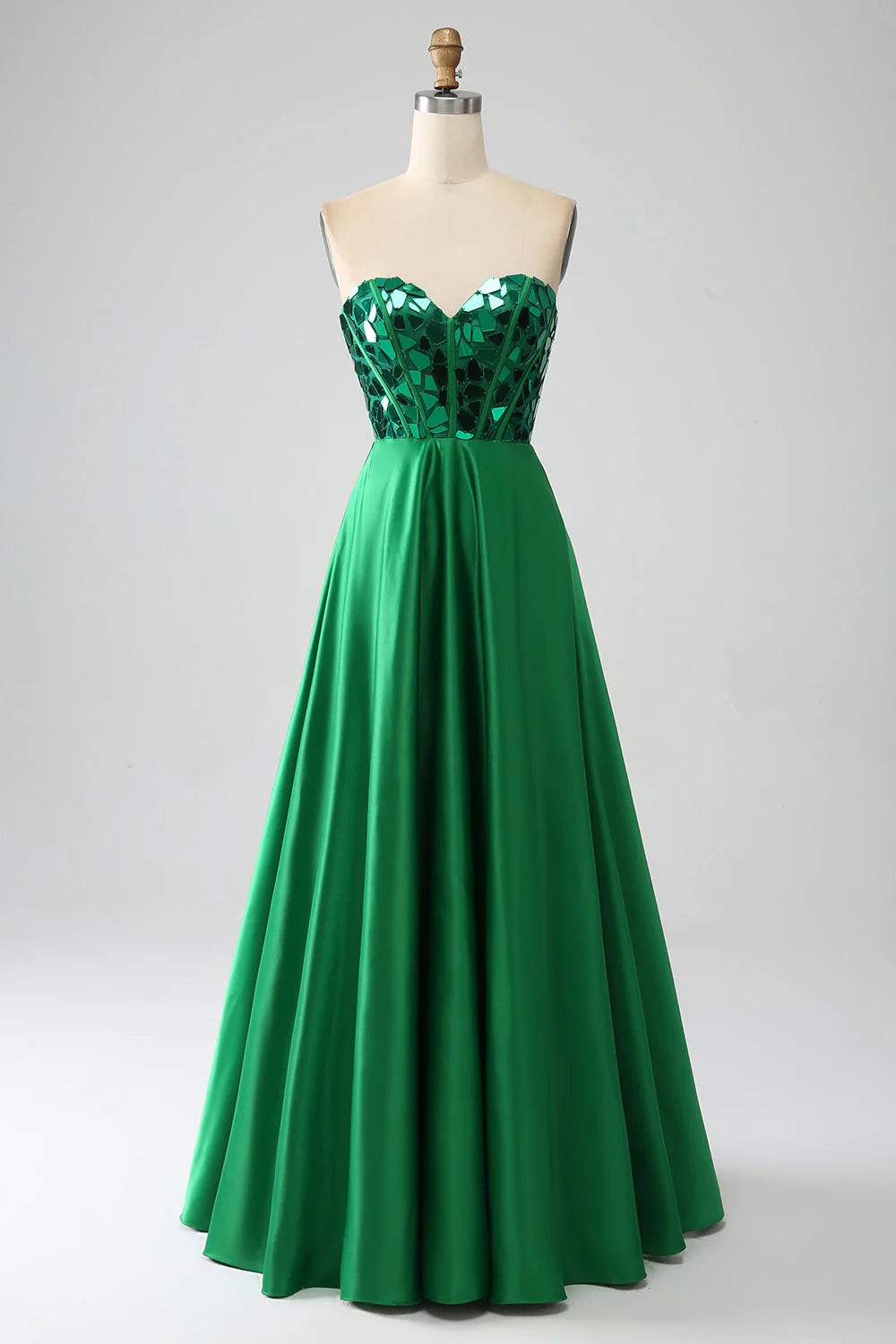 Vestido de fiesta verde oscuro con escote en forma de A y corsé
