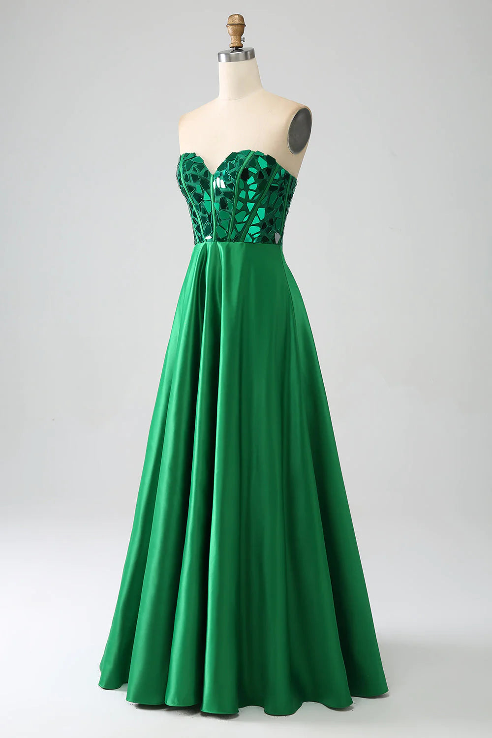 Vestido de fiesta verde oscuro con escote en forma de A y corsé