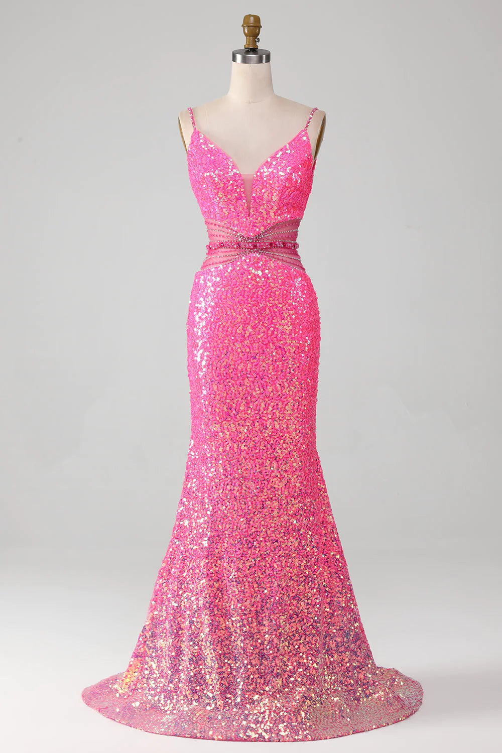 Vestido de fiesta de sirena con tirantes finos en rosa intenso y purpurina, con cintura de cuentas