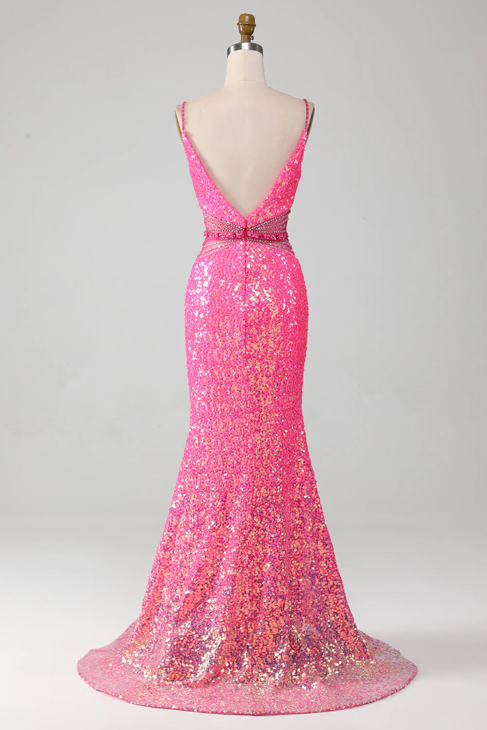 Vestido de fiesta de sirena con tirantes finos en rosa intenso y purpurina, con cintura de cuentas