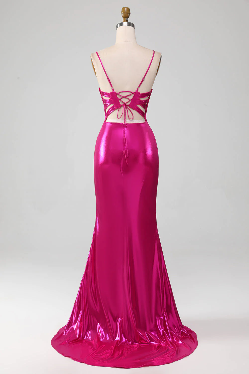 Sparkly Hot Pink Mermaid Simple Prom Dress With Slit