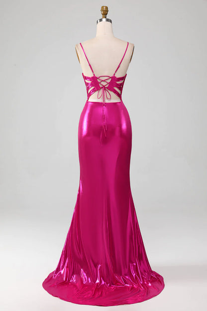 Sparkly Hot Pink Mermaid Simple Prom Dress With Slit