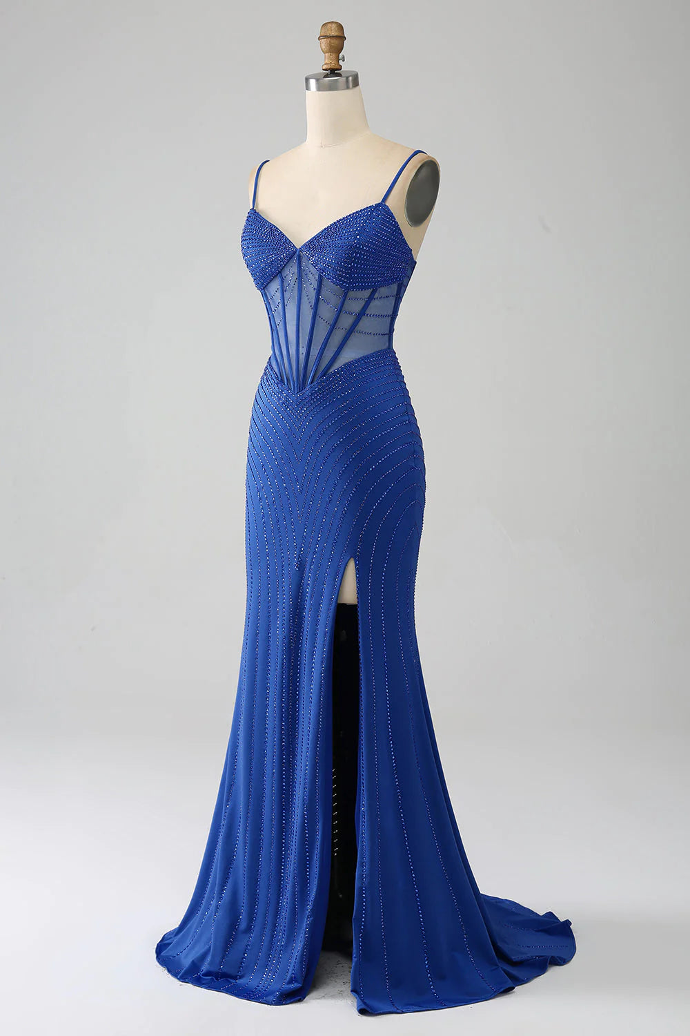 Vestido de fiesta con corsé de sirena azul real y cuentas