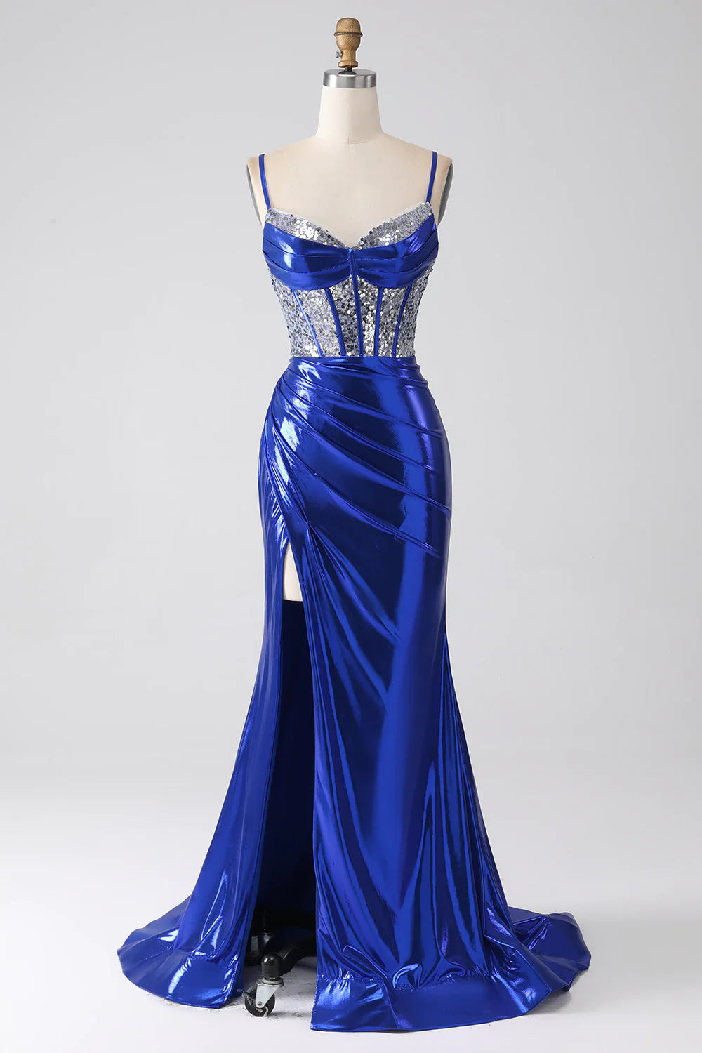Vestido de fiesta de sirena azul real con lentejuelas brillantes, corsé plisado y abertura