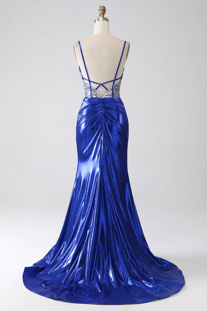Vestido de fiesta de sirena azul real con lentejuelas brillantes, corsé plisado y abertura
