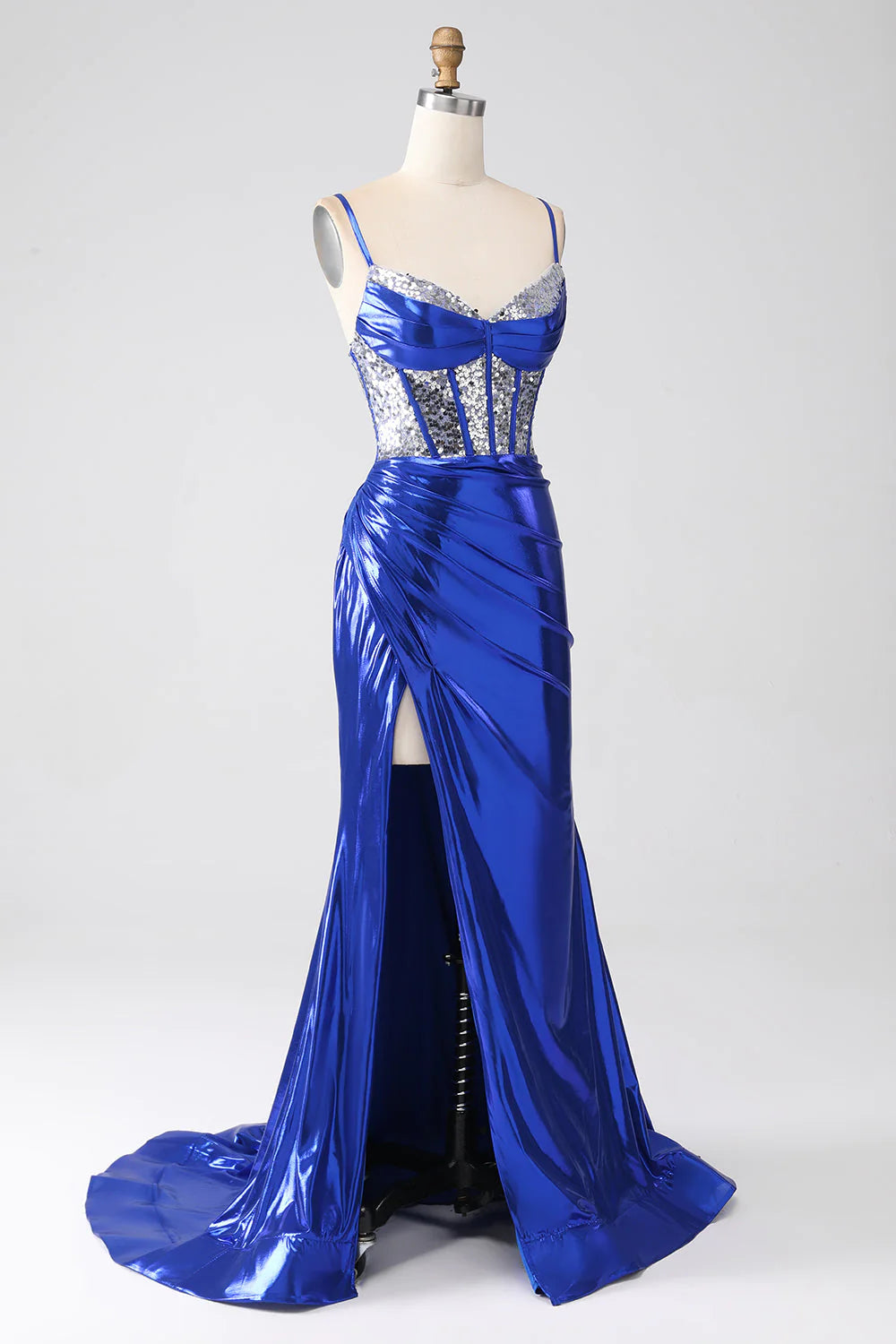 Vestido de fiesta de sirena azul real con lentejuelas brillantes, corsé plisado y abertura