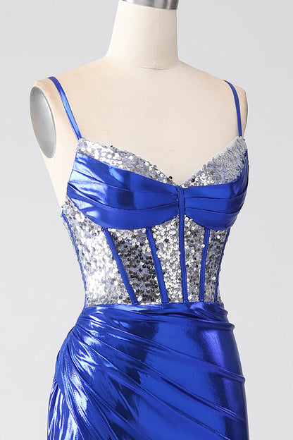Vestido de fiesta de sirena azul real con lentejuelas brillantes, corsé plisado y abertura