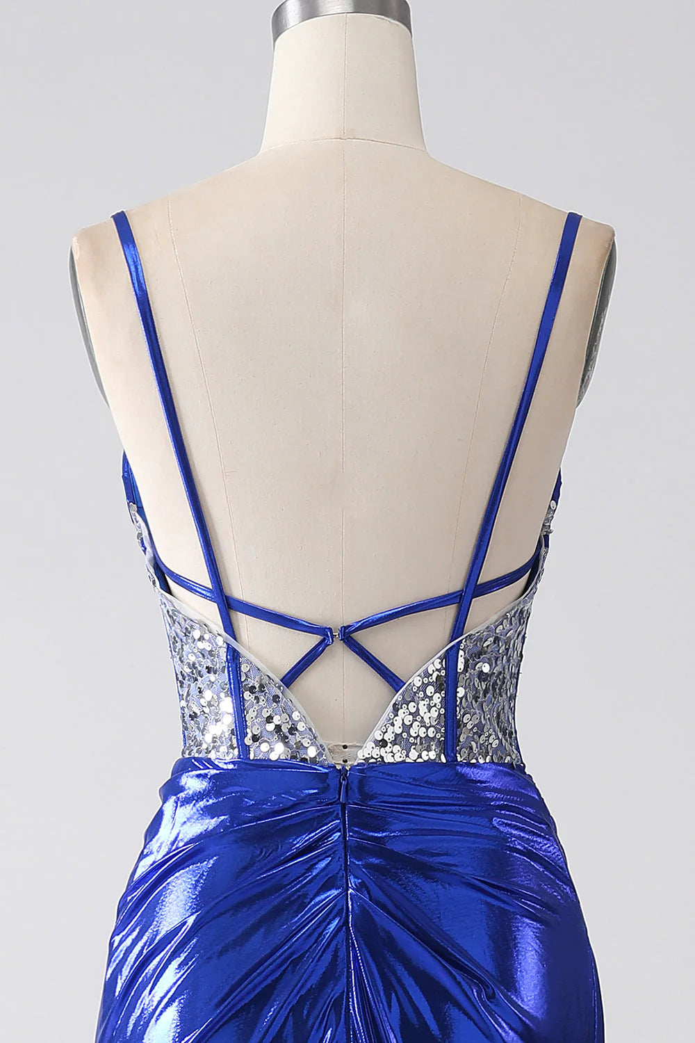 Vestido de fiesta de sirena azul real con lentejuelas brillantes, corsé plisado y abertura