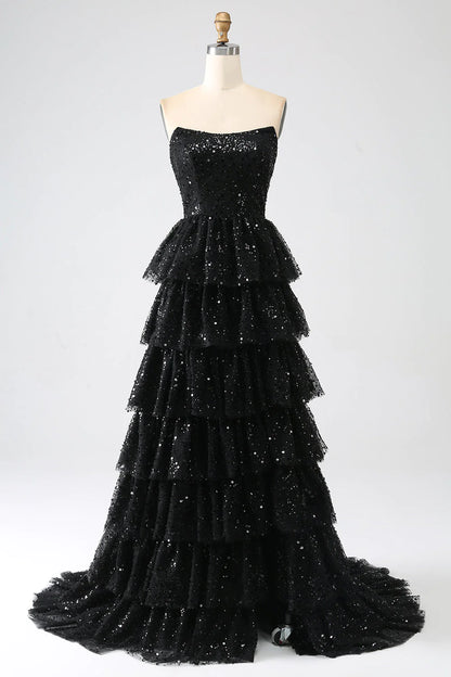 Vestido de fiesta negro con lentejuelas y abertura en forma de A