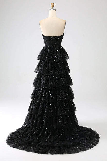 Vestido de fiesta negro con lentejuelas y abertura en forma de A