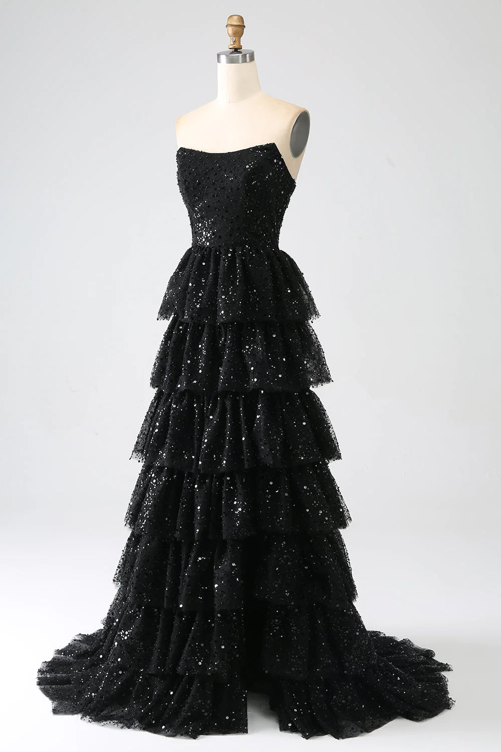 Vestido de fiesta negro con lentejuelas y abertura en forma de A