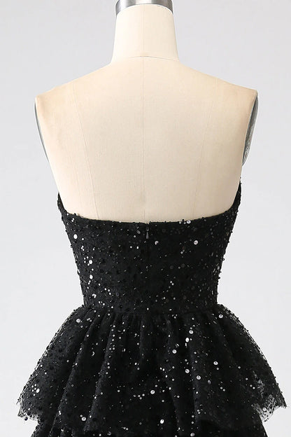 Vestido de fiesta negro con lentejuelas y abertura en forma de A