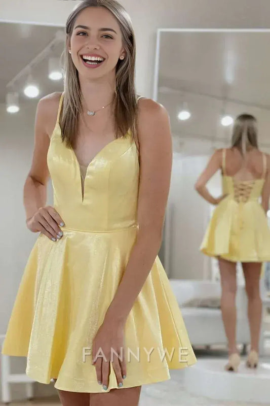 FannyWe Simple Yellow Spaghetti Straps A-line Homecoming Dress formal wear dresses